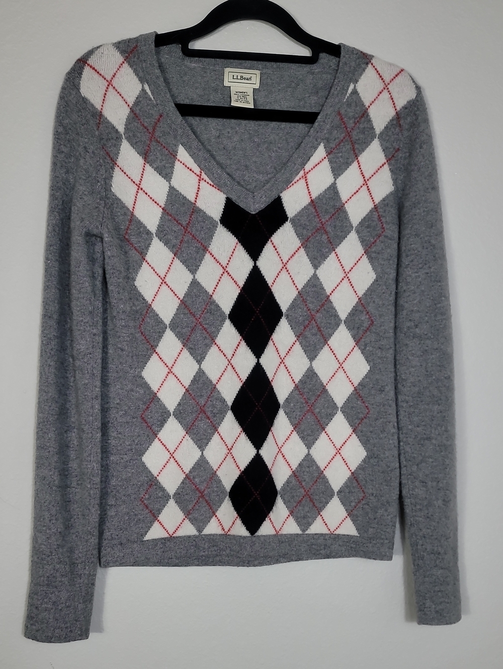 LL Bean 100% Cashmere Argyle V-Neck Sweater Size XS Academia Old Money Preppy